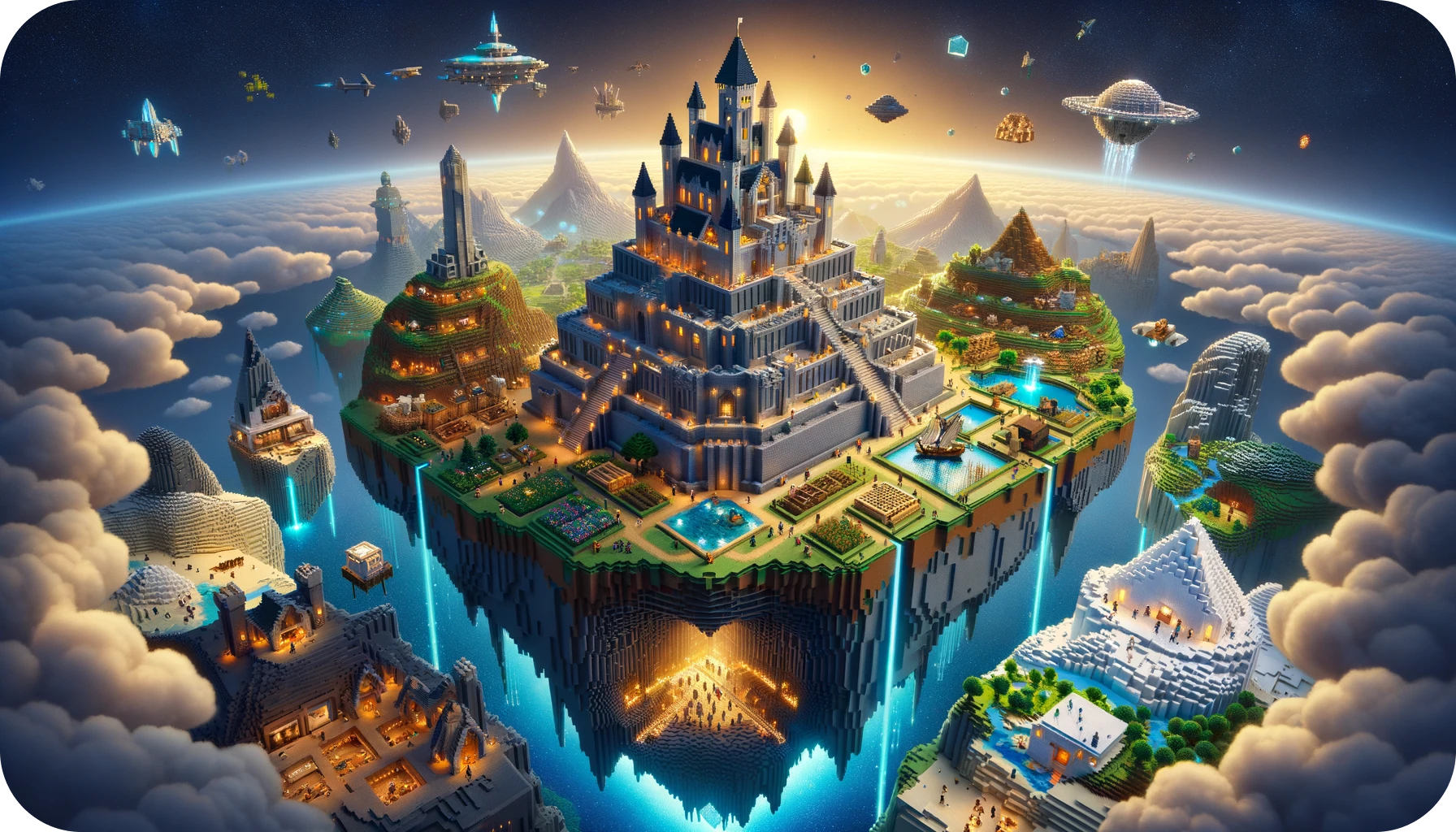 A scene featuring a grand castle on a floating island, with various biomes below and a network of glowing caves symbolizing exploration.