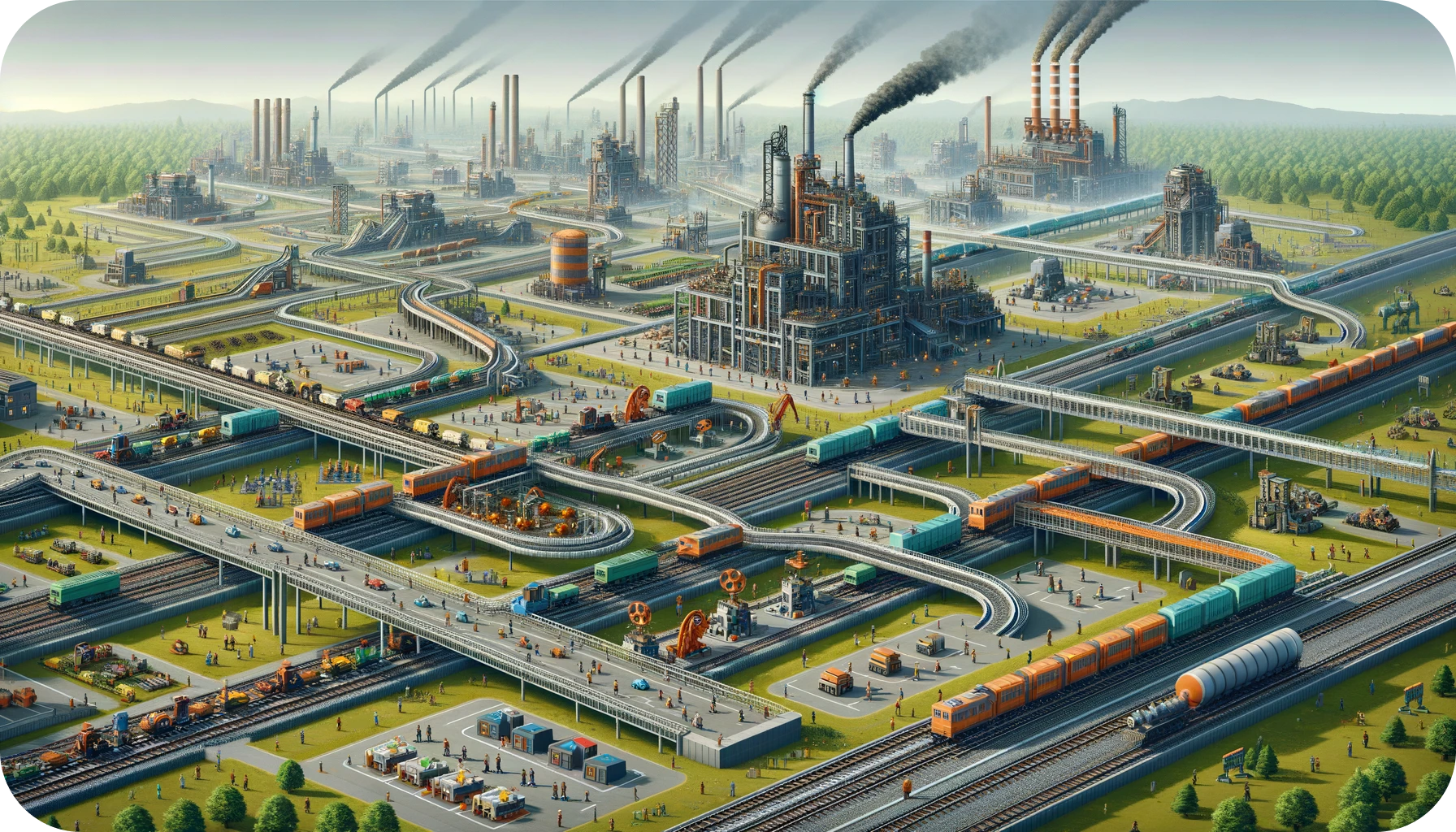 A vast and intricate factory landscape, with players strategizing and managing resources, reflecting the pinnacle of industrial achievement.