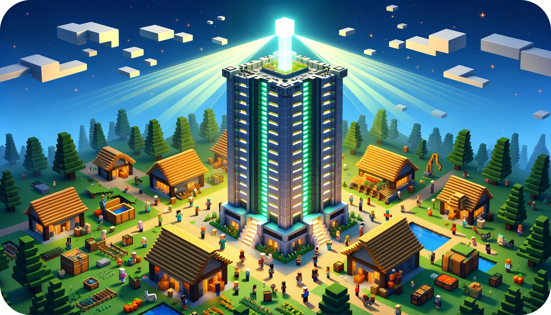 A lively village featuring a large server tower emitting a beacon beam, representing the 24/7 server uptime.
