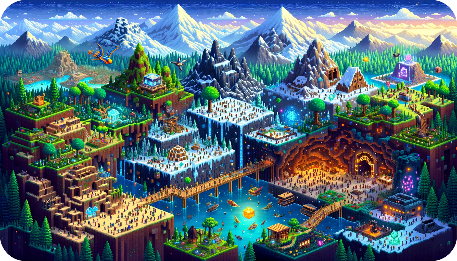 An illustration showcasing a Terraria-inspired landscape with diverse biomes and players engaging in various activities.
