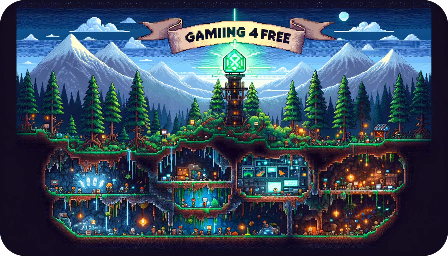 A pixel art landscape with forests, mountains, and underground caverns, centered around a glowing server tower.