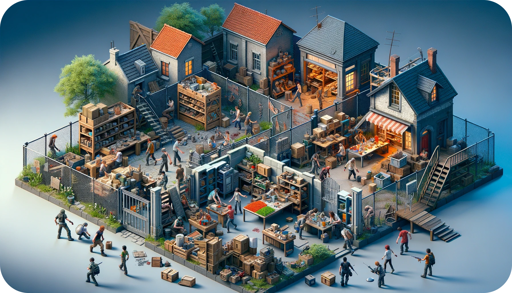 A detailed urban scene emphasizing survival, strategy, and community collaboration as players fortify shops and houses, prepare defenses, and work together.