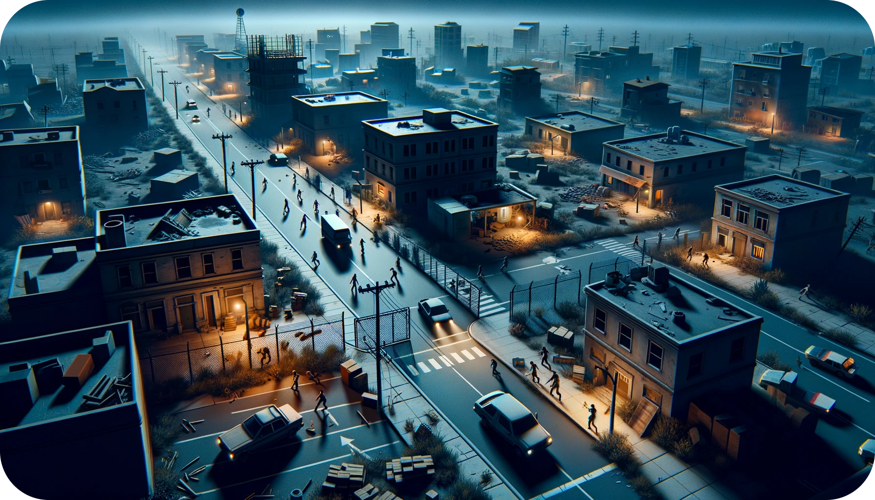 A desolate urban landscape with players fortifying a safehouse as night approaches, hinting at the looming threat of zombies.